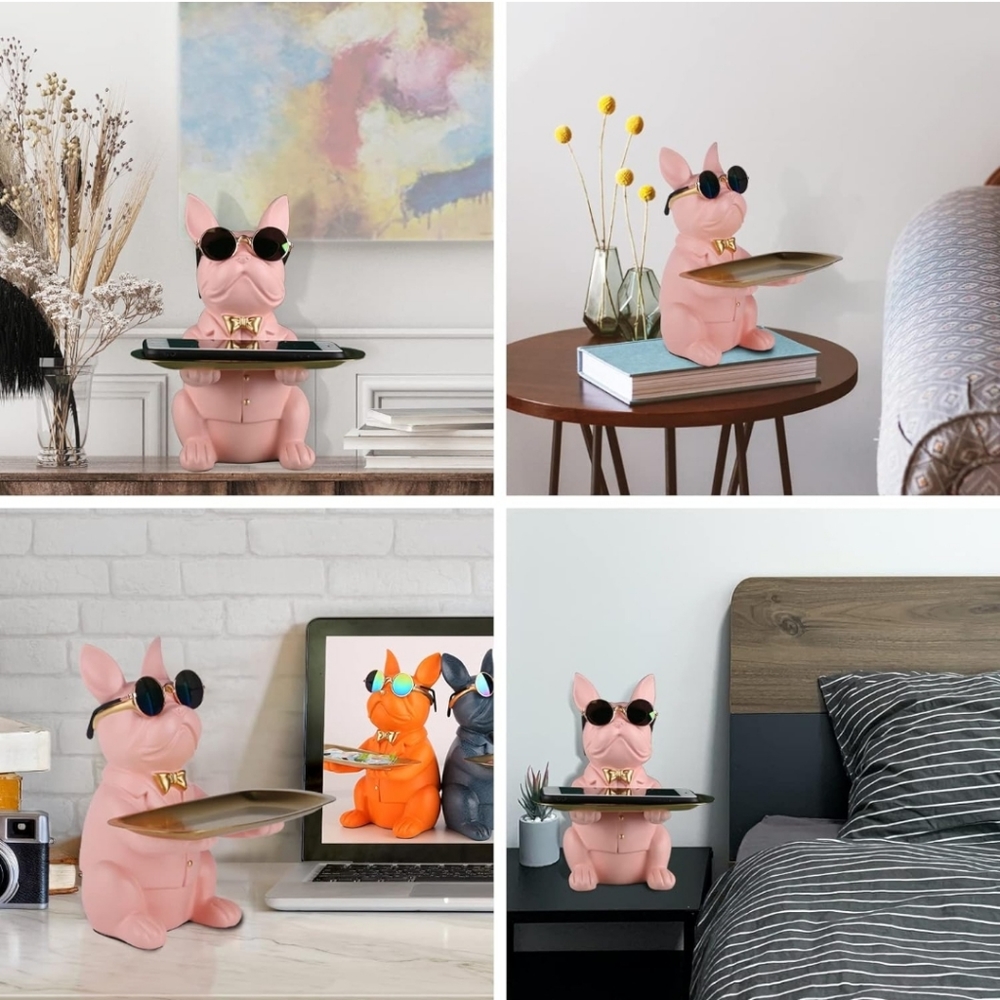 Pink Bulldog Butler Statue with Sunglasses